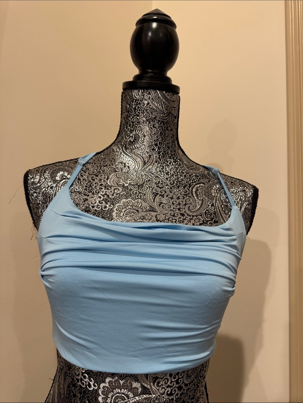 Light Blue Ruched Cowl Neck Crop Tank